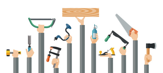Flat design illustration of hands holding carpentry tools. Vector illustration set of master tools for wood.