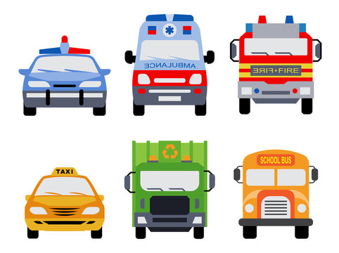 Public service vehicles. Set of front view flat icons of police car, ambulance car, fire department vehicle, taxi car,  garbage collector and school bus.
