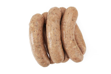 Raw white sausage on a white background. Food product.