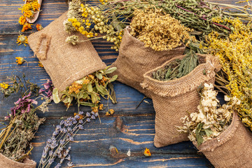 Herbal harvest collection and bouquets of wild herbs. Alternative medicine. Natural pharmacy, self-care concept