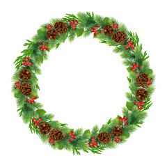 Fototapeta na wymiar Green conifer Christmas decoration in a traditional style. Fir branches and red rosehip berries with pine cones. EPS 10
