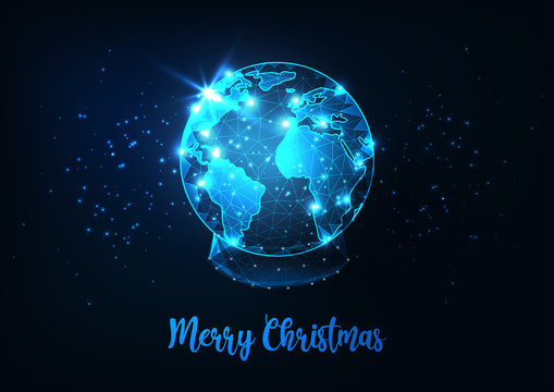 Futuristic Merry Christmas greeting card with low polygonal snow globe with planet earth world map.