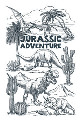 Dinosaurs and tropical landscape. Vector hand drawn sketch illustration. Fashion textile graphic t-shirt print © Qualit Design