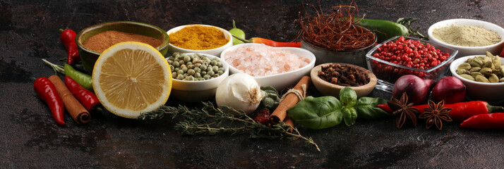 Spices and herbs on table. Food and cuisine ingredients for good cooking