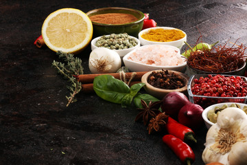 Spices and herbs on table. Food and cuisine ingredients for good cooking