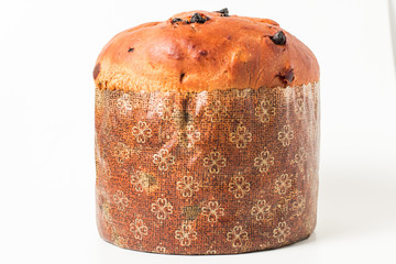 Panettone is the traditional Italian dessert for Christmas with Chocolatte isolated on white background