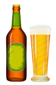 Bottle and glass of beer on a white background