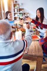 Beautiful group of people meeting smiling happy and confident. Eating roasted turkey and toasting with cup of wine celebrating Thanksgiving Day at home