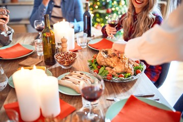 Beautiful family meeting smiling happy and confident. Carving roasted turkey celebrating Christmas at home
