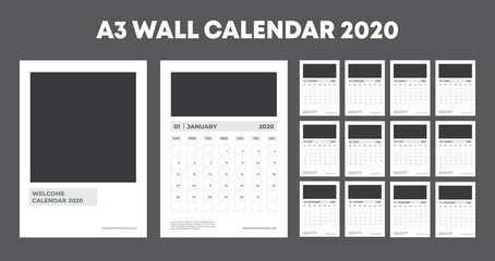 Fototapeta na wymiar A3 Wall Calendar 2020 Template