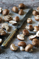 Royal champignons and knife on a wooden surface. Brown champignons. Selective focus. Macro.