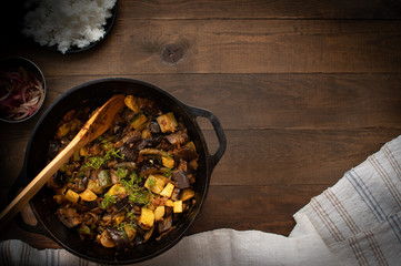 Eggplant, onion and zucchini roast in cast iron pot