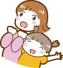 親子　びっくり　驚く　楽しむ　はしゃぐ　女の子　母親　イラスト