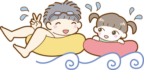 女の子　男の子　兄弟　海水浴　プール　波　海　浮き輪　遊ぶ　笑顔