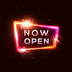 Now Open neon sign on dark red background. Shining rectangle electric frame with color lights. Glowing signboard design template. Night bar advertising bright banner. 3d 80s style vector illustration.