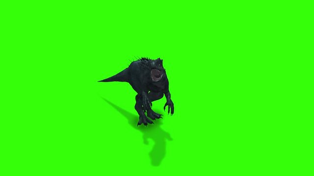Wild Ancient Animated Black Dinosaur Isolated on Green Chrome Key Background. Amazing Prehistoric T-Rex Tyrrannosaurus Roars Jurassic World Green Screen. Realistic 3D Rendering Animation.
