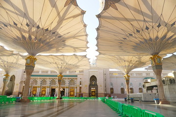 Big umbrella structure of al masjid al nabawi from the holy land and beautiful building structure...