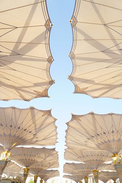 Big umbrella structure of al masjid al nabawi from the holy land and beautiful building structure madinah saudi arabia