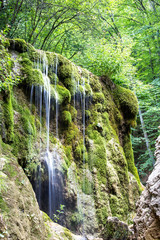 A small waterfall in the forest. Waterfall in Crimea.