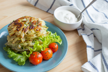 Potato pancakes on a blue plate. Russian national dish.