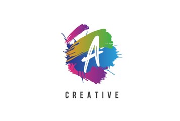 Hand lettering brush initial letter A inside colorful paintbrush template design