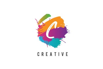Hand lettering brush initial letter C inside colorful paintbrush template design