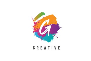 Hand lettering brush initial letter G inside colorful paintbrush template design