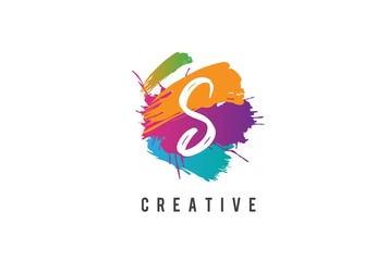 Hand lettering brush initial letter s inside colorful paintbrush template design