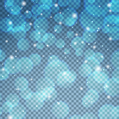 Blurred light blue background with bokeh. Winter sky with snowfall glitter lights backdrop. Merry Xmas and Happy New Year. Abstract defocused wallpaper vector illustration. Festive luminous design