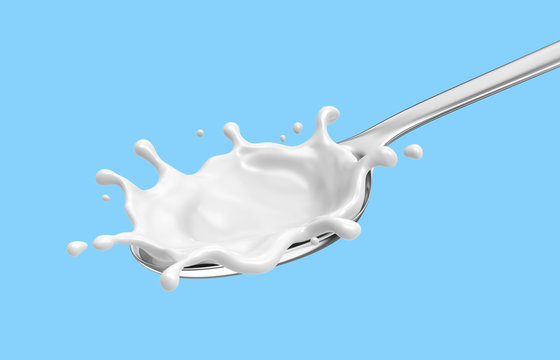 Milk Yogurt Healthy Natural Hi Calcium And Protein Realistic Splashing On Silver Spoon, 3D Illustration