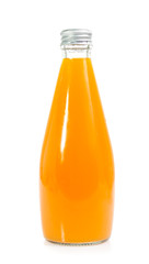 Orange juice in glass bottle isolated on white background