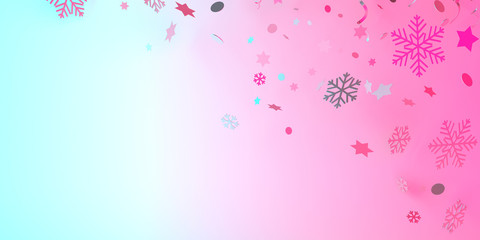 Winter creative concept, snow icon,  glittering confetti on blue pink pastel gradient background. Copy space text area, 3D rendering illustration.