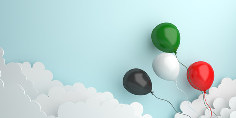 Independence day design creative concept for United Arab Emirates UAE, Kuwait, Palestine, Jordan, Sudan. Flying balloon red, white, green, black color cloud background studio lighting. 3D rendering.