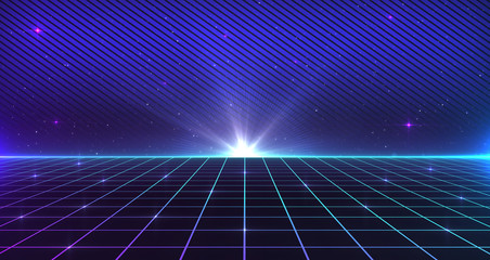 Retro Sci-Fi Background Futuristic Grid landscape of the 80`s. Abstract Digital Cyber Surface. Design in the style of the 1980`s. 3D illustration