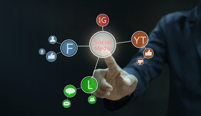 Business man touch button connect social media network
