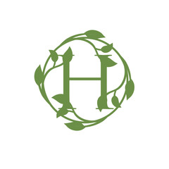 initial letter H with circle green leaf vector illustration