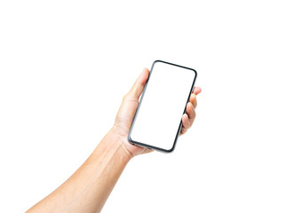 Man hand holding black smartphone isolated on white background, clipping path