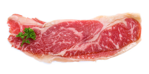 Fresh raw beef meat slices isolated over white background