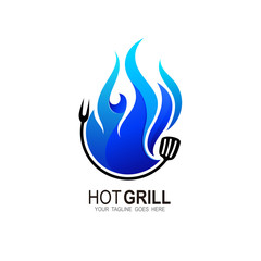 vintage grilled barbecue logo, retro BBQ vector, fire grill food and restaurant icon, Fire blue icon