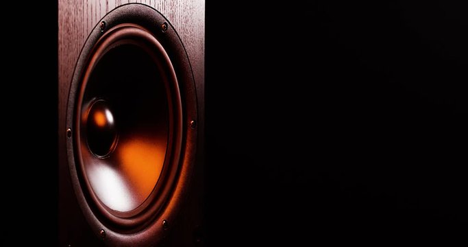 CLOSE UP moving sub-woofer music speakers vibrating membrane colorful pulsing light
