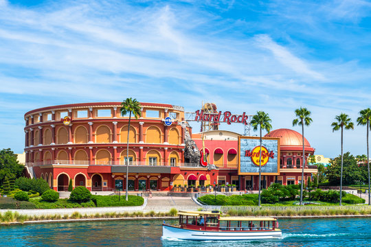 Hard Rock Cafe Restaurant at Universal Studios Park in Florida, USA. Travel illustrative editorial image