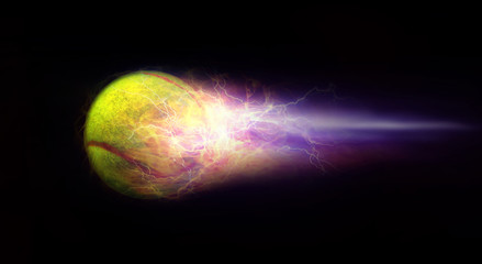 An abstract image of a green tennis ball shot at high speed with magical power of fire as a background and a beautiful design.