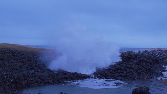 Iceland Ocean Water Erupting From Cave Blow Hole In Arnarstapi 2