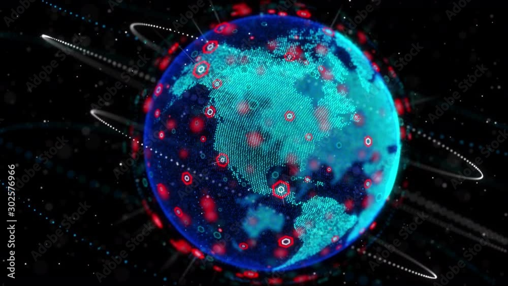 Poster dot and hexagon shape spinning globe with world map and particle lighting dust effect for cyber futu