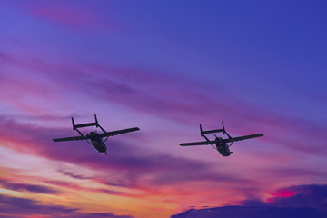 Army Show performant of air craft in air show with twilight sky background.