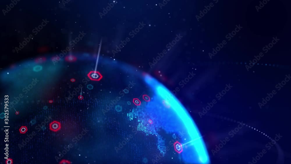 Poster dot and hexagon shape spinning globe with world map and particle lighting dust effect for cyber futu