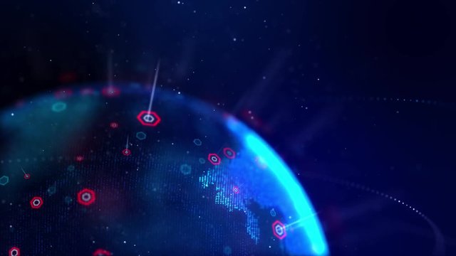 Dot and hexagon shape spinning globe with world map and particle lighting dust effect  for cyber futuristic concept select focus shallow depth of field, dark and grain processed