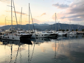 Luxury yachts. Yachts in the Mediterranean Sea. Port with yachts in Montenegro at night.