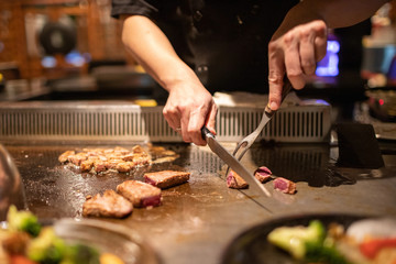 Teppanyaki Chef Cooking Japanese Steak