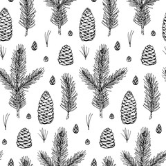 Hand drawn Christmas seamless pattern with fir tree and pine tree branches and cones isolated on white background. Vector illustration in sketch style